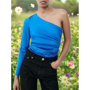 NWOT - Zara Royal Blue Satin Long Sleeve One Shoulder Ruched Bodysuit Size: M